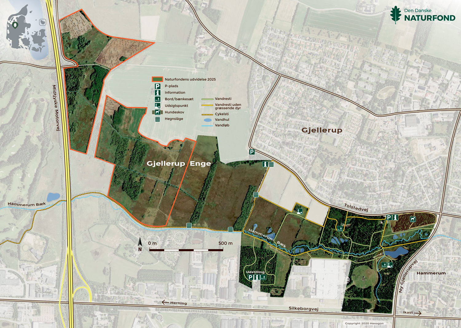 Naturområdet Gjellerup Enge i Herning er vokset med 60 procent, efter Naturfonden har købt 58 ha af ti private lodsejere. De nye arealer er markeret med orange streg.